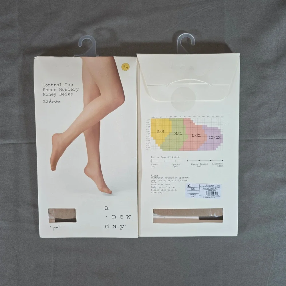 A New Day 2PK Control Top Sheer Hosiery Honey Beige 20 Denier Tights S/M